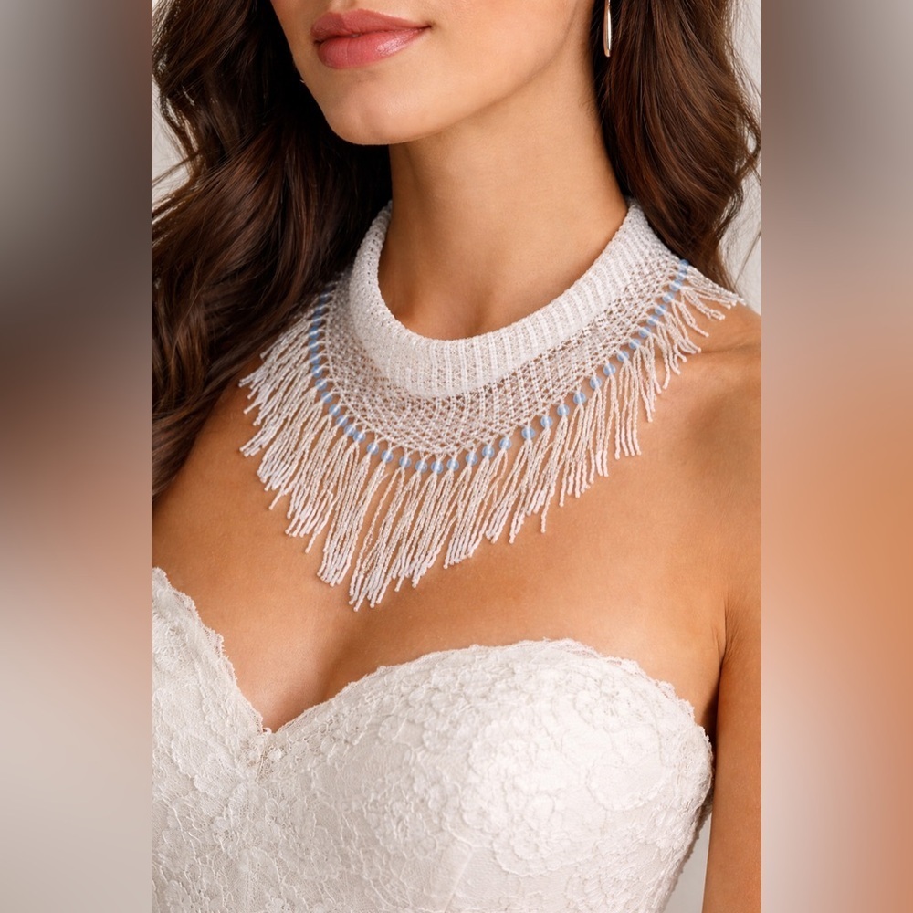 Handmade Bridal White Seed Bead Scarf Necklace | Fringe Beaded Choker Collar